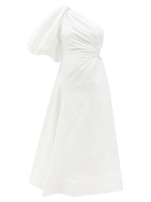 Aje - One-shoulder Silk And Linen-blend Midi Dress - Womens - White