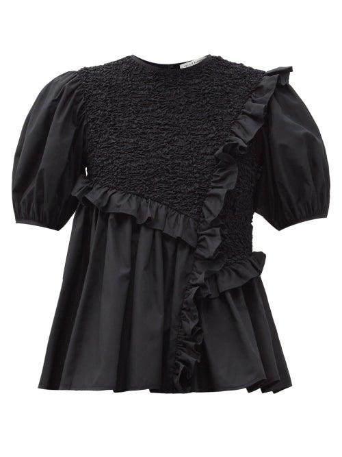 Matchesfashion.com Cecilie Bahnsen - Carlotta Ruffled Cotton-blend Poplin Top - Womens - Black