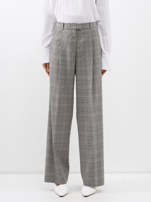 Another Tomorrow - Pleated Checked Wool-blend Wide-leg Trousers - Womens - Black White