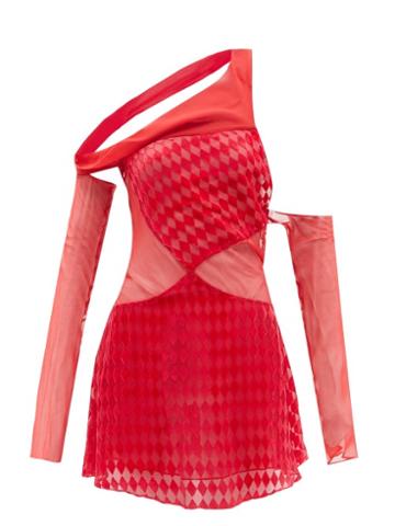 Maximilian - Flocked Harlequin One-shoulder Chiffon Mini Dress - Womens - Red