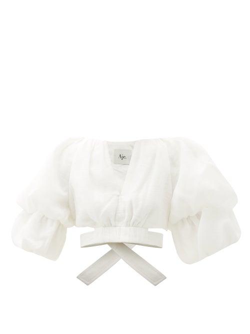 Matchesfashion.com Aje - Impression Puff-sleeve Linen-blend Cropped Top - Womens - White