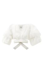 Matchesfashion.com Aje - Impression Puff-sleeve Linen-blend Cropped Top - Womens - White