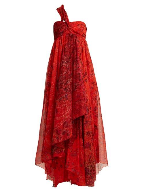 Matchesfashion.com Etro - Chennai One Shoulder Paisley Print Silk Dress - Womens - Red Print
