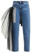 Matchesfashion.com Germanier - Tulle Trim Crystal Embellished Straight Leg Jeans - Womens - Denim