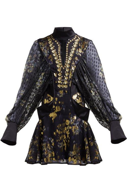 Matchesfashion.com Mame Kurogouchi - Floral Embroidered Fil Coup Crepe Mini Dress - Womens - Navy Multi