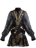 Matchesfashion.com Mame Kurogouchi - Floral Embroidered Fil Coup Crepe Mini Dress - Womens - Navy Multi