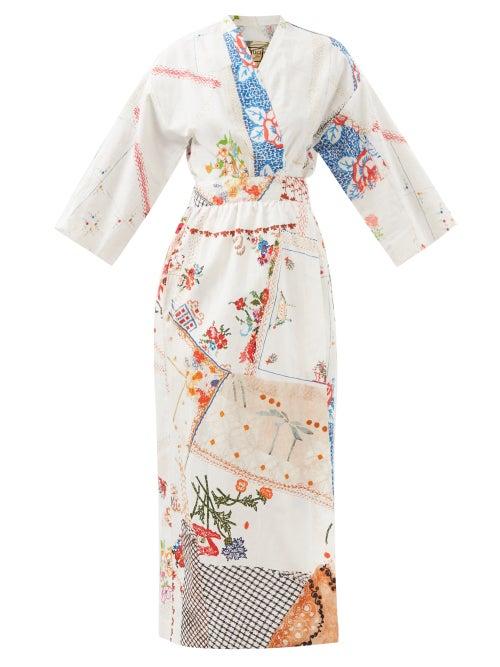 By Walid - Clare Vintage Patchwork Linen Midi Dress - Womens - White Multi