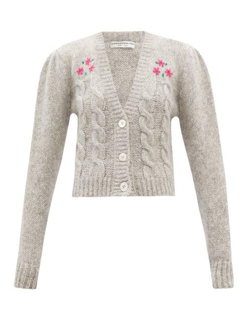 Alessandra Rich - Floral-embroidered Alpaca-blend Cropped Cardigan - Womens - Light Grey