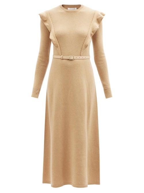 Chlo - Ruffled-shoulder Cashmere Midi Dress - Womens - Beige Multi