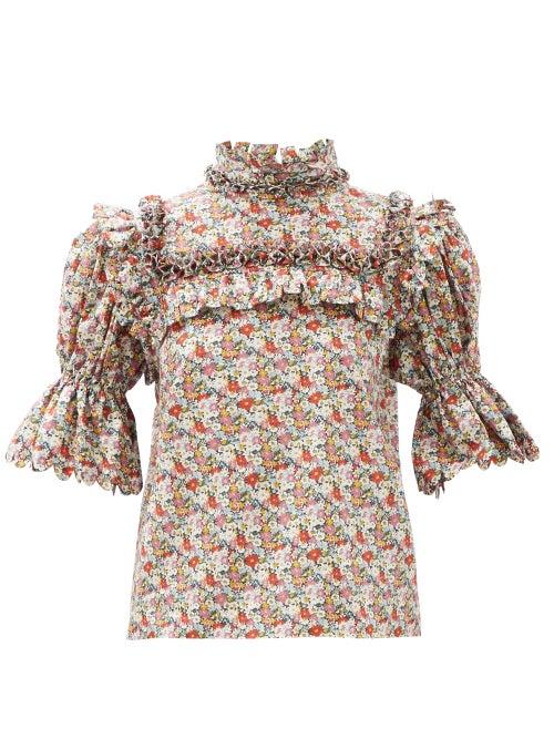 Matchesfashion.com Horror Vacui - Lucy Smocked Floral-print Cotton Top - Womens - Multi
