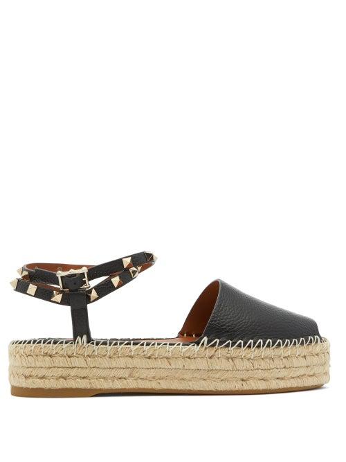Matchesfashion.com Valentino Garavani - Rockstud-strap Leather Flatform Espadrille Sandals - Womens - Black