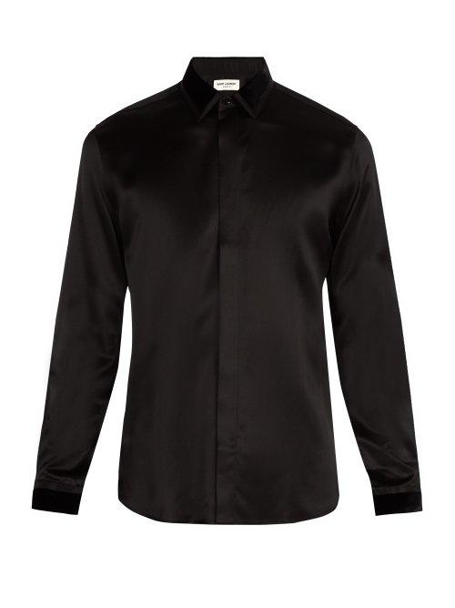 Matchesfashion.com Saint Laurent - Velvet Point Collar Silk Shirt - Mens - Black