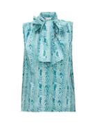 Matchesfashion.com Marni - Neck-tie Moir-print Silk-twill Blouse - Womens - Green Multi