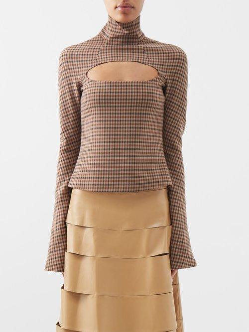 A.w.a.k.e. Mode - Cutout Checked Wool-blend Top - Womens - Brown Multi