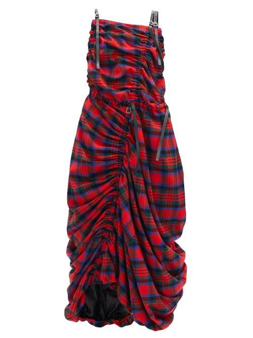 Matchesfashion.com Noir Kei Ninomiya - Ruched Asymmetrical Tartan Wool-blend Dress - Womens - Red Multi