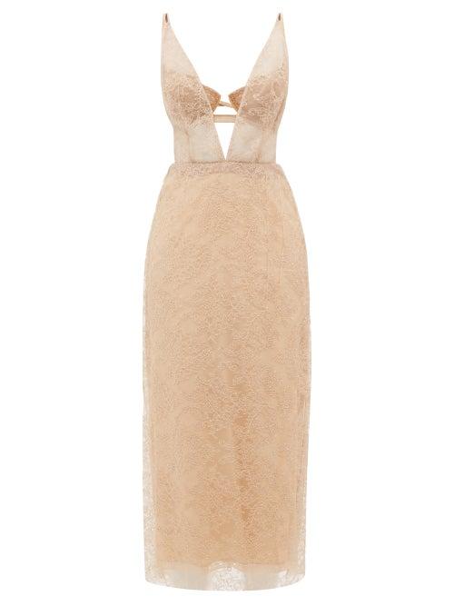 Gucci - Plunge-front Floral-lace Midi Dress - Womens - Light Pink