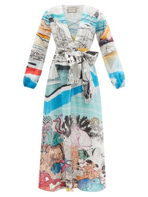 Ladies Beachwear Mary Mare - Ithaki V-neck Scenic-print Linen Dress - Womens - Blue Multi