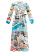 Ladies Beachwear Mary Mare - Ithaki V-neck Scenic-print Linen Dress - Womens - Blue Multi