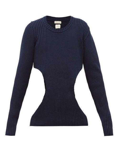 Matchesfashion.com Bottega Veneta - Cut Out Ribbed Cotton Blend Sweater - Mens - Navy