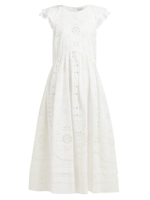 Matchesfashion.com Redvalentino - Cap Sleeve Cotton Broderie Anglaise Midi Dress - Womens - White