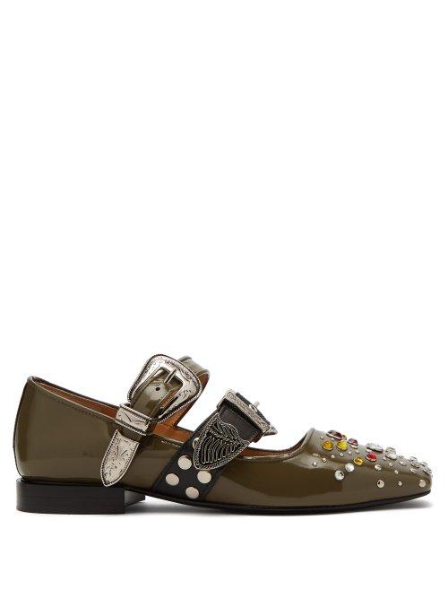 Matchesfashion.com Toga - Crystal Embellished Patent Leather Flats - Womens - Khaki