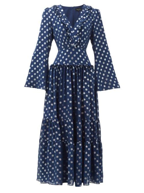Matchesfashion.com Saloni - Devon Polka-dot Jacquard Silk-blend Dress - Womens - Navy Silver