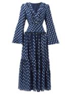 Matchesfashion.com Saloni - Devon Polka-dot Jacquard Silk-blend Dress - Womens - Navy Silver