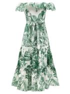 Ladies Beachwear Mary Mare - Cannes Off-the-shoulder Cotton-blend Midi Dress - Womens - Green White