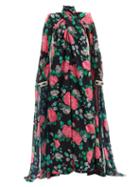 Matchesfashion.com Richard Quinn - Rose Cape-sleeve Floral-print Chiffon Gown - Womens - Black Multi