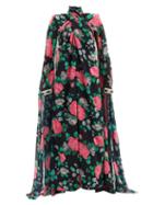 Matchesfashion.com Richard Quinn - Rose Cape-sleeve Floral-print Chiffon Gown - Womens - Black Multi