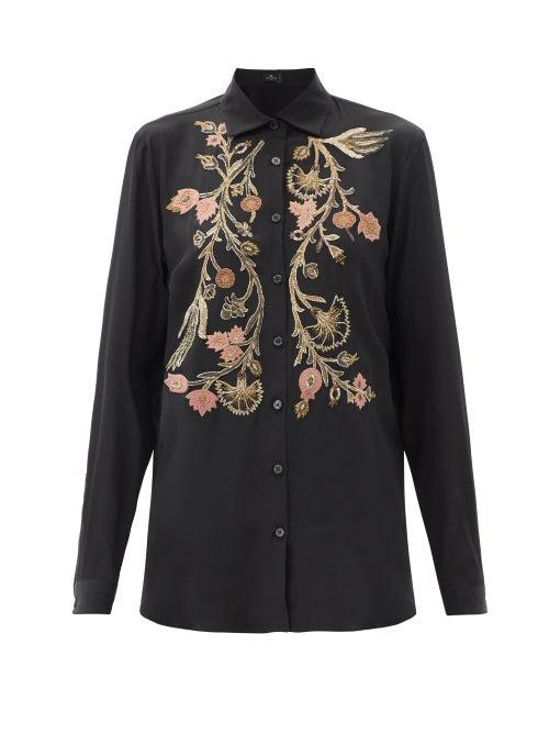 Matchesfashion.com Etro - Floral-beaded Silk Crepe De Chine Longline Shirt - Womens - Black Multi