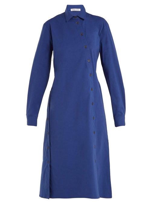 Matchesfashion.com Tomas Maier - Cotton Poplin Asymmetric Button Dress - Womens - Blue