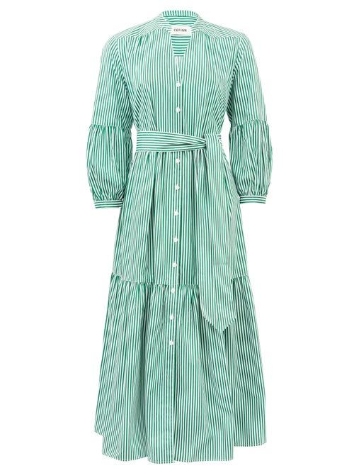 Matchesfashion.com Cefinn - Tie-sash Striped Cotton-poplin Dress - Womens - Green White