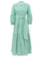 Matchesfashion.com Cefinn - Tie-sash Striped Cotton-poplin Dress - Womens - Green White