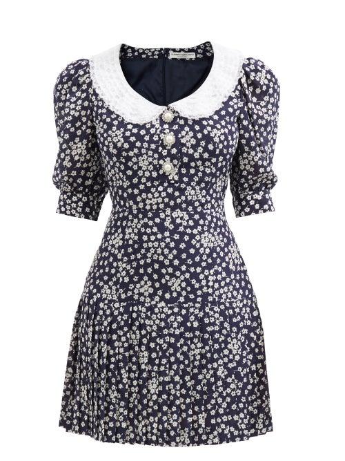 Alessandra Rich - Crystal-button Daisy-print Silk Mini Dress - Womens - Navy White