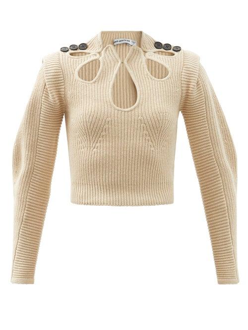 Ladies Rtw Self-portrait - Cutout Cotton-blend Rib-knit Sweater - Womens - Beige