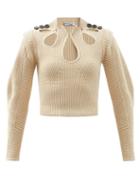 Ladies Rtw Self-portrait - Cutout Cotton-blend Rib-knit Sweater - Womens - Beige