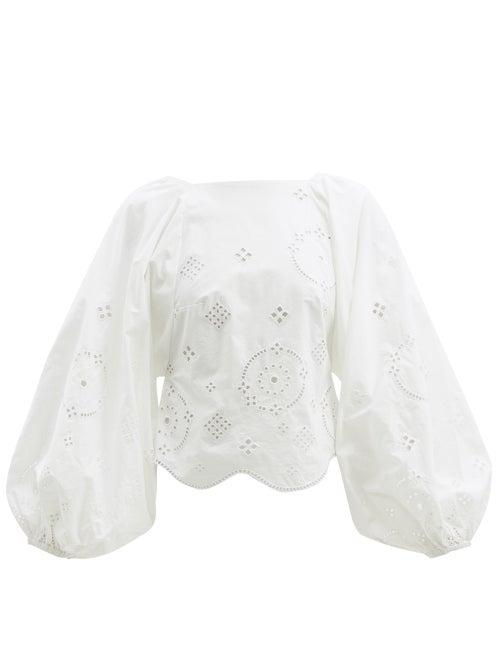 Ganni - Balloon-sleeve Broderie-anglaise Poplin Top - Womens - White
