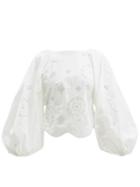 Ganni - Balloon-sleeve Broderie-anglaise Poplin Top - Womens - White
