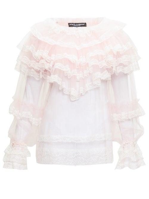 Matchesfashion.com Dolce & Gabbana - Ruffled Chantilly-lace And Tulle Blouse - Womens - Pink Multi