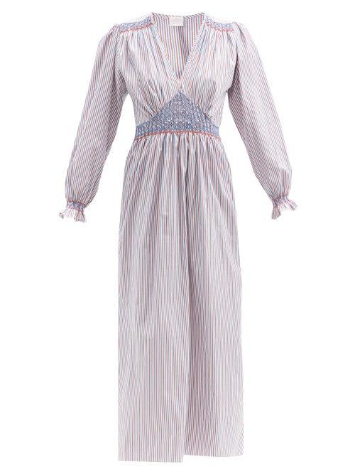 Matchesfashion.com Loretta Caponi - Anna Striped Cotton-poplin Midi Dress - Womens - Blue Stripe