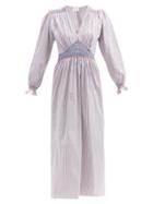 Matchesfashion.com Loretta Caponi - Anna Striped Cotton-poplin Midi Dress - Womens - Blue Stripe