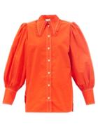 Ganni - Point-collar Topstitched Poplin Shirt - Womens - Orange