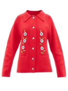 Batsheva - Floral-embroidered Knitted Alpaca Cardigan - Womens - Red