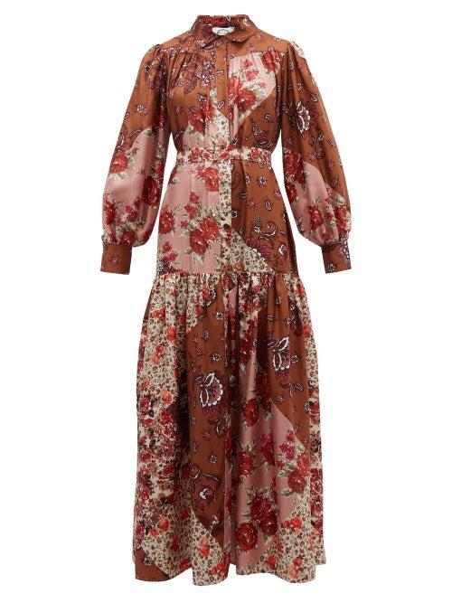 Matchesfashion.com Evi Grintela - Elsa Patchwork Print Silk Maxi Shirt Dress - Womens - Pink Print