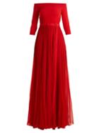 Matchesfashion.com Alexander Mcqueen - Off The Shoulder Stretch Knit And Silk Gown - Womens - Red