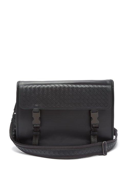 Matchesfashion.com Bottega Veneta - Intrecciato Flap Leather Messenger Bag - Mens - Black