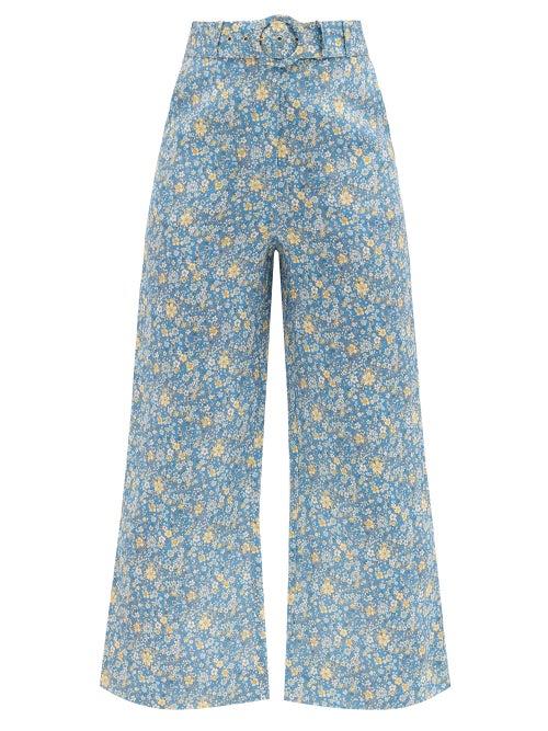 Matchesfashion.com Zimmermann - Carnaby Kick-flare Floral-print Linen Trousers - Womens - Blue Print