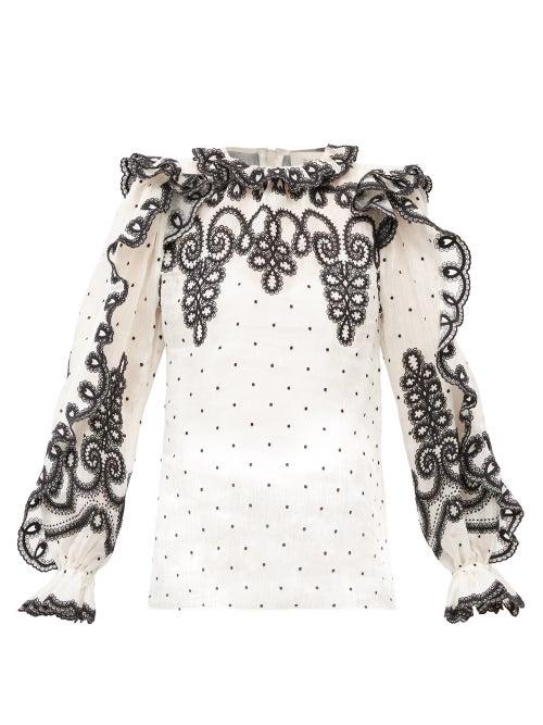 Matchesfashion.com Zimmermann - Lovestruck Embroidered Ruffled Linen-blend Blouse - Womens - White Black