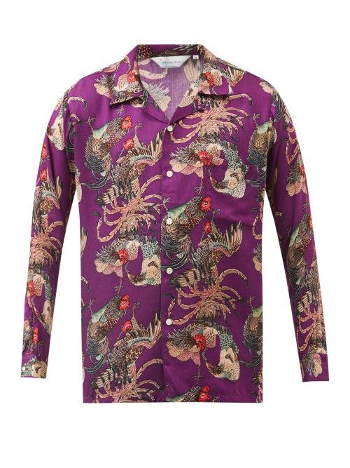 Nipoaloha - Rooster-print Silk-twill Shirt - Mens - Purple Multi